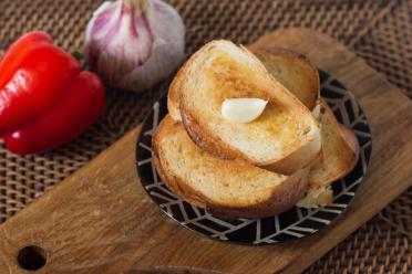 Garlic Bacon Croutons in a Frying Pan