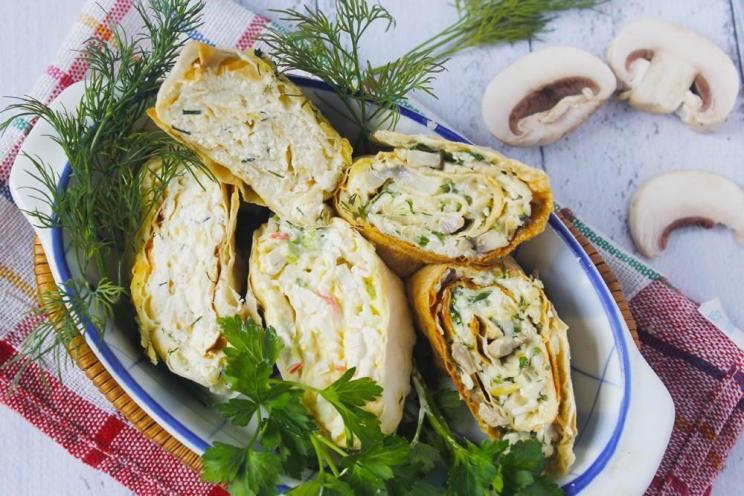 Three Delicious Lavash Rolls: Mushroom, Curd, and Crab