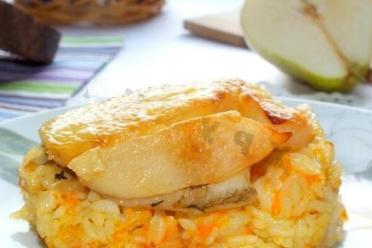 Tilapia and Wine Poached Pears on Rice