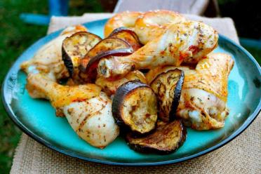 Tandoori Grilled Chicken Legs with Eggplant