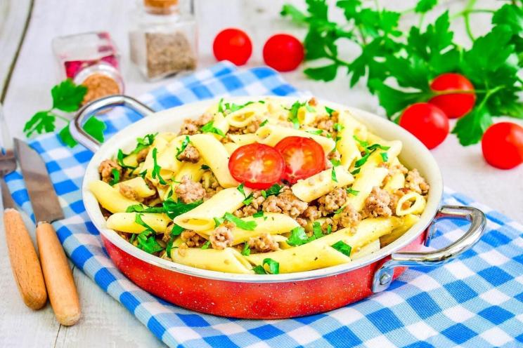 Classic Navy-Style Pasta with Meat in a Frying Pan