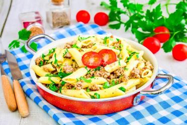 Classic Navy-Style Pasta with Meat in a Frying Pan