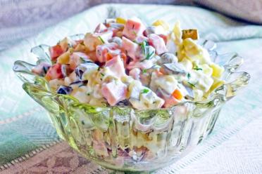 Classic Olivier Salad with Pickles and Sausage