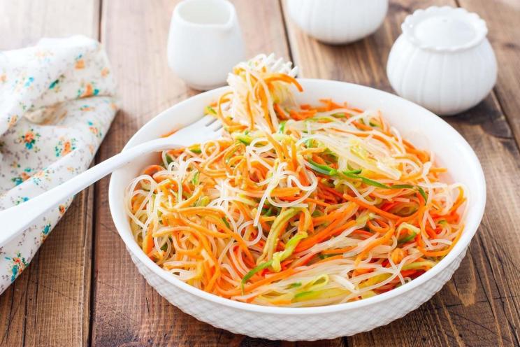 Spicy Funchose Salad with Korean Carrots and Cucumber