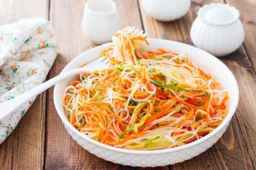 Spicy Funchose Salad with Korean Carrots and Cucumber
