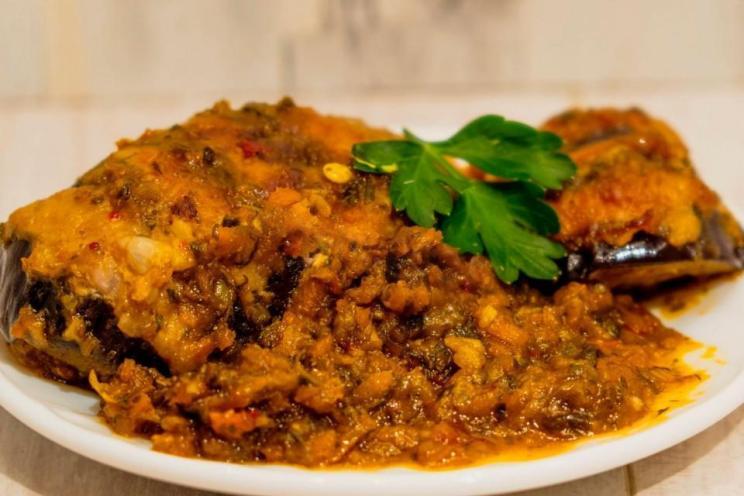 Stuffed Eggplant with Spicy Meat and Adjika Sauce