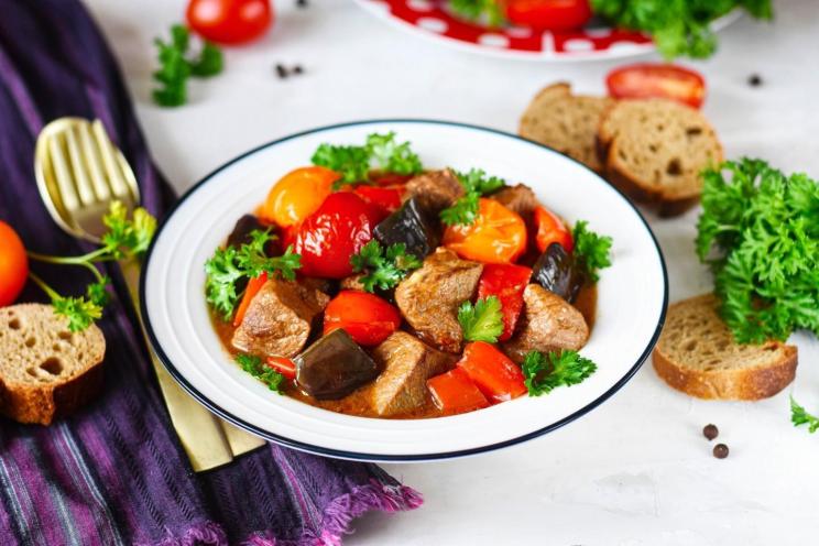 Savory Stewed Beef with Eggplant, Tomatoes, and Peppers