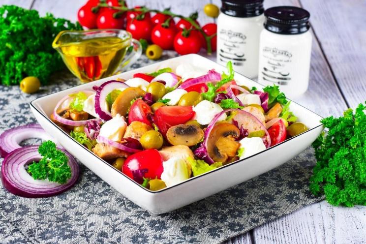 Chicken Mushroom Cheese Salad with Olive Oil Lemon Dressing