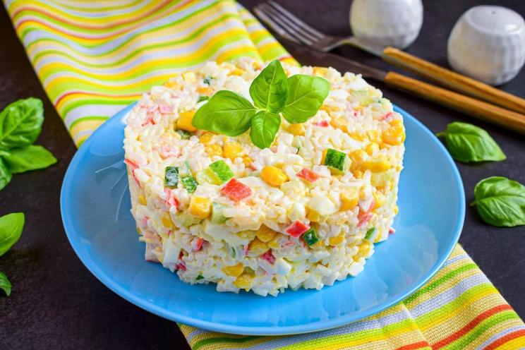Colorful Crab Stick Salad with Rice and Corn
