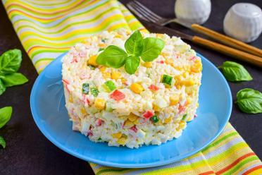 Colorful Crab Stick Salad with Rice and Corn