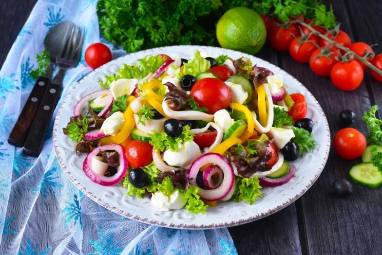 Mediterranean Squid Salad with Cucumber, Cheese, and Bell Pepper