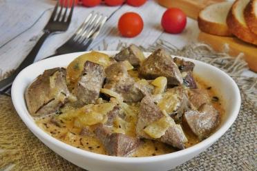 Creamy Pork Liver with Onions in a Pan