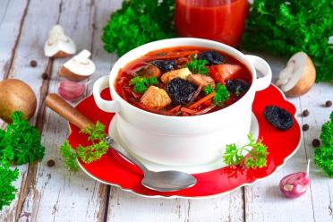 Chicken Borscht with Prunes and Mushrooms