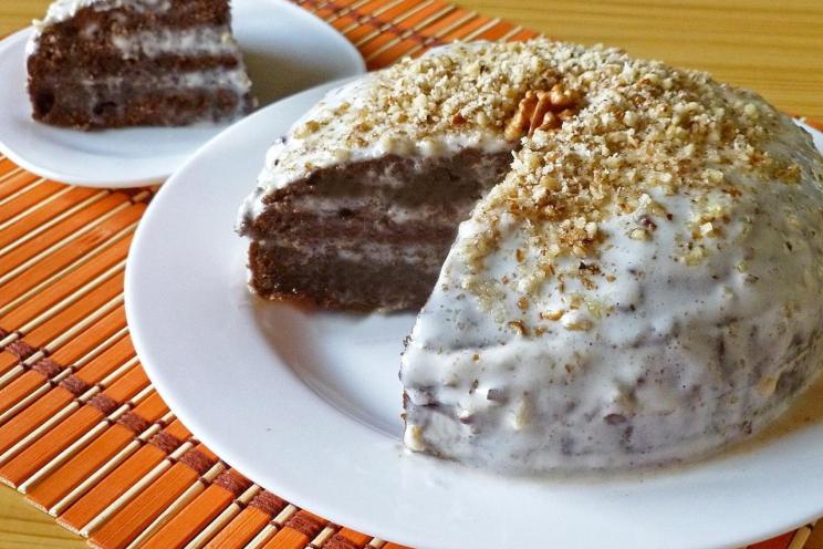 Rich Chocolate Walnut Sour Cream Cake