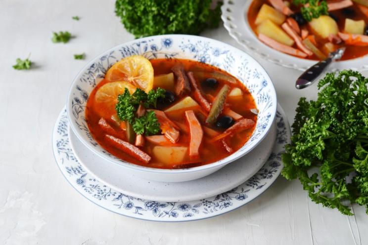 Hearty Solyanka Soup with Sausage, Potatoes, and Cucumbers Hearty Solyanka Soup with Sausage, Potatoes, and Cucumbers