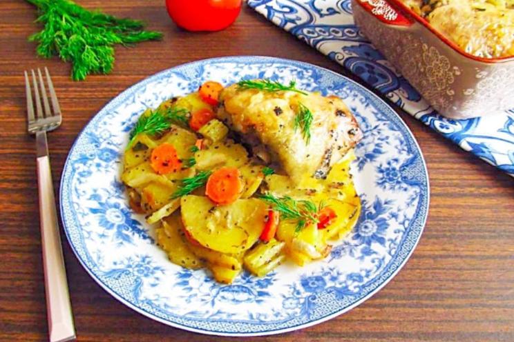 Oven-Baked Chicken with Potatoes, Onions, and Carrots Oven-Baked Chicken with Potatoes, Onions, and Carrots