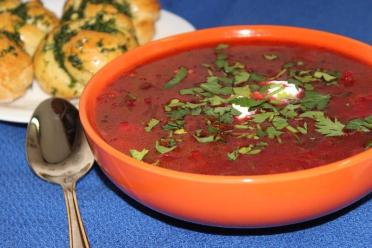 Winter Beet Top Borscht with Garlic Buns