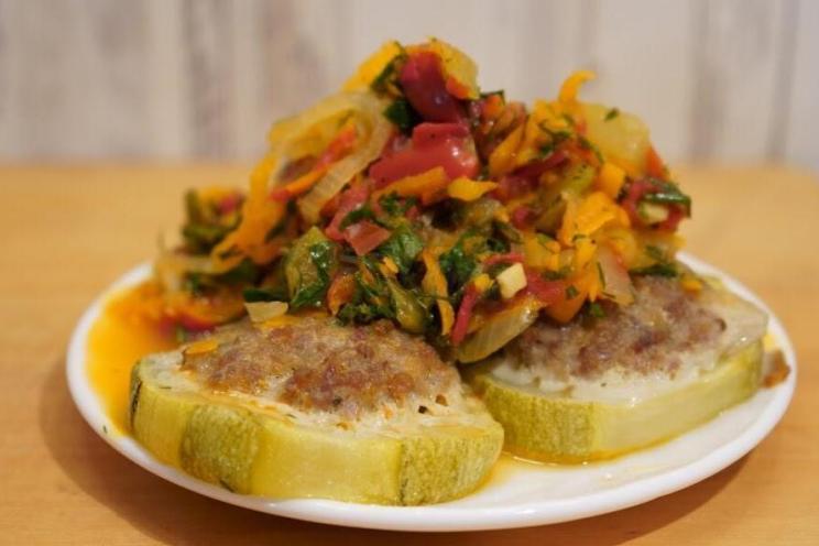 Mediterranean Stuffed Zucchini with Veggie Sauce