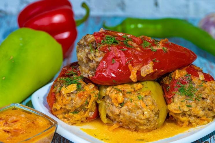 Oven-Baked Stuffed Peppers in Tomato-Sour Cream Sauce