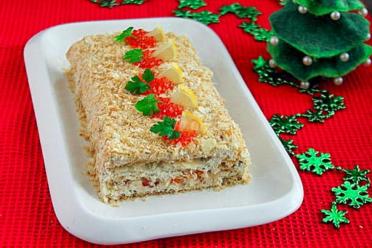 Caviar and Cod Liver Napoleon Snack Cake