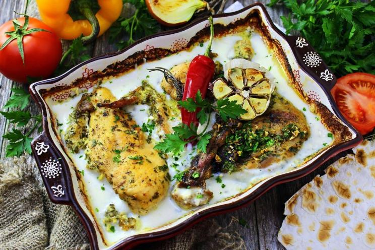 Georgian Chicken Chkmeruli in Creamy Garlic Sauce