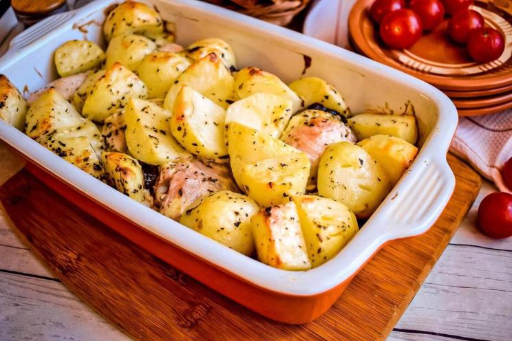 Baked Chicken with Potatoes and Onions in Mayonnaise