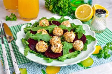 Beetroot, Feta, and Arugula Salad with Nutty Cheese Balls