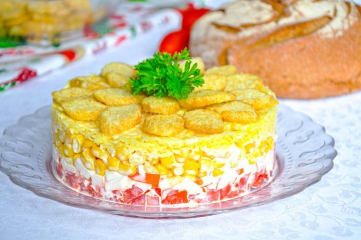 Crab Stick Corn Salad with Tomatoes, Cheese & Croutons