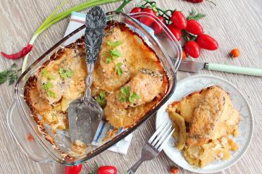 Oven-Baked Terpug with Vegetables and Cheese Crust