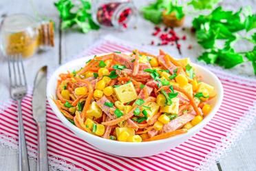 Festive Korean Carrot and Corn Salad with Smoked Sausage