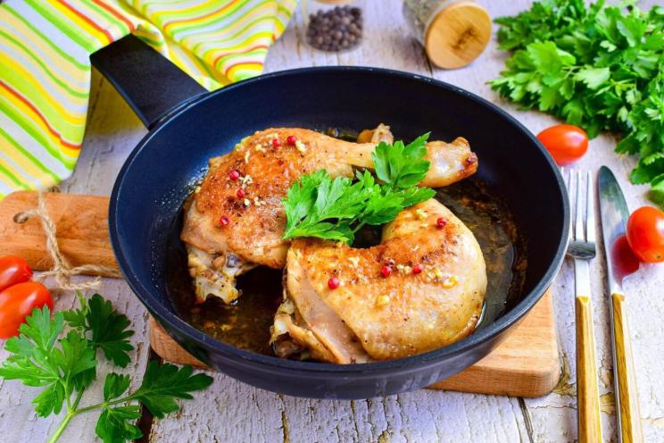 Garlic Fried Chicken Legs in a Pan