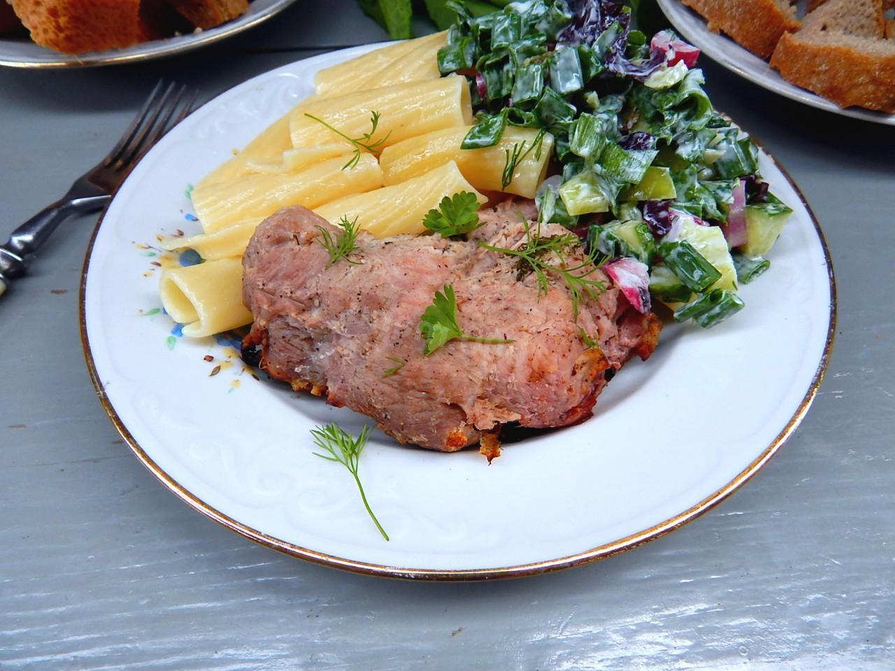 Baked Meat with Pasta and Fresh Veggie Salad