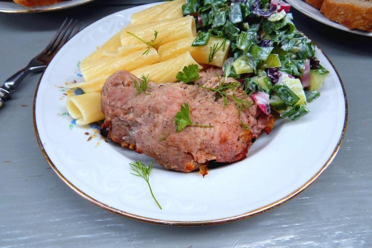 Baked Meat with Pasta and Fresh Veggie Salad
