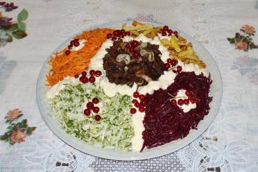 Festive Yeralash Salad with Korean Carrots, Fries, and Meat