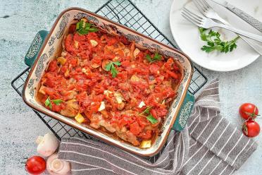 Baked Meat with Mushrooms, Tomatoes, and Cheese