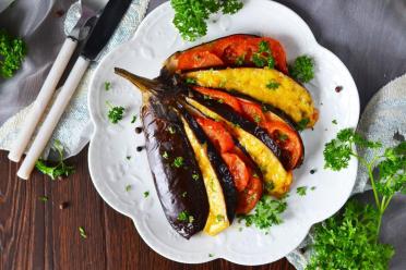 Oven-Baked Eggplant Fans with Tomatoes and Cheese