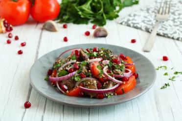 Georgian Chicken Liver and Tomato Salad with Nuts and Pomegranate