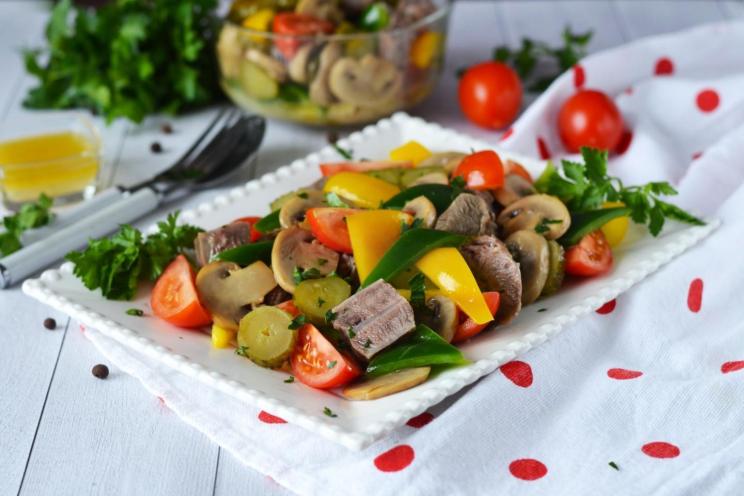 Hearty Meat and Mushroom Salad with Cucumbers