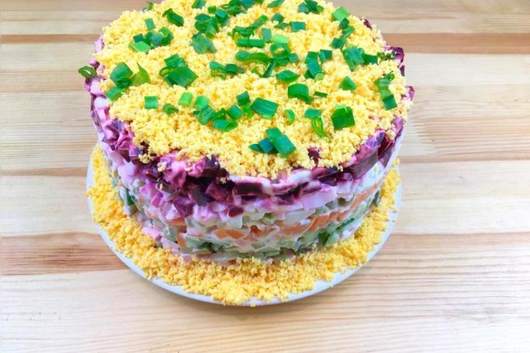 Vegetable Layered Salad with Sausage and Potatoes