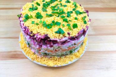 Vegetable Layered Salad with Sausage and Potatoes