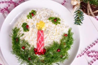 Festive "Candle" Salad with Crab Sticks, Mushrooms, and Chicken