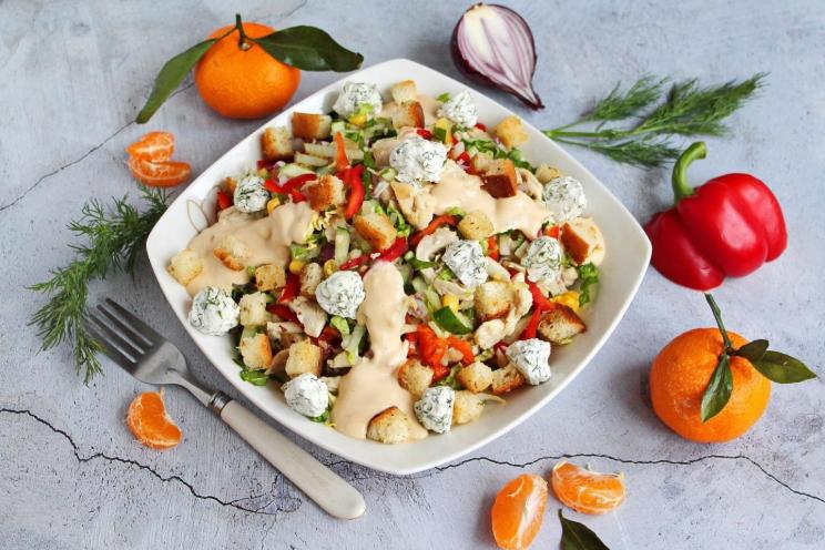 Festive Chicken Corn Salad with Croutons and Cheese Balls