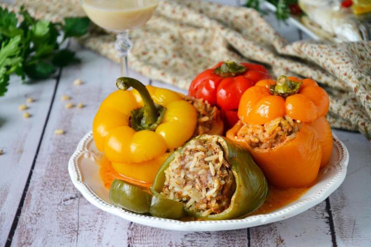 Stuffed Peppers with Pine Nuts in Tomato Sauce