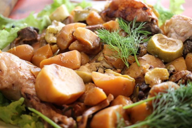 Roast Rooster and Porcini Mushrooms in Cast Iron Oven