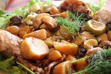 Roast Rooster and Porcini Mushrooms in Cast Iron Oven