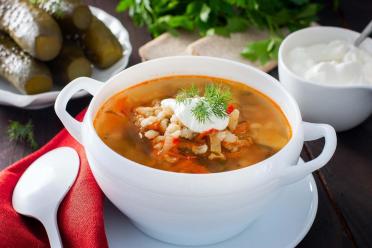 Hearty Rassolnik Soup with Barley and Pickles