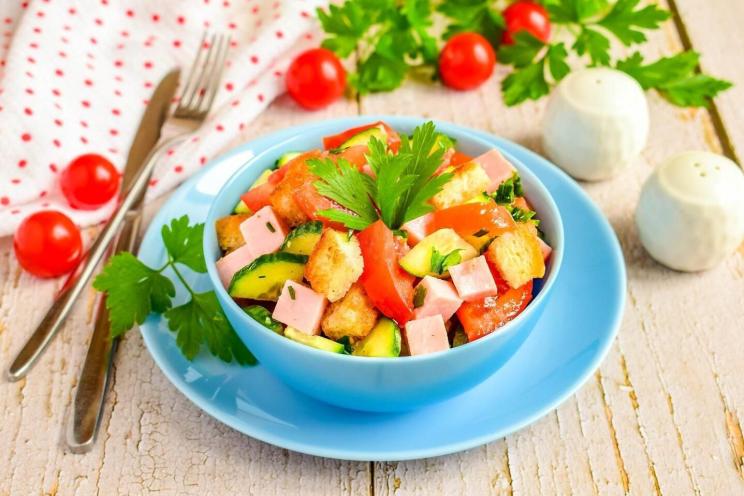 Crunchy Crouton, Cucumber, and Sausage Salad