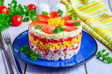 Chicken and Crab Stick Layered Salad