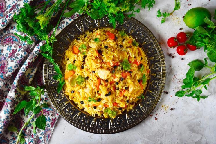 Stovetop Chicken Pilaf in a Cauldron