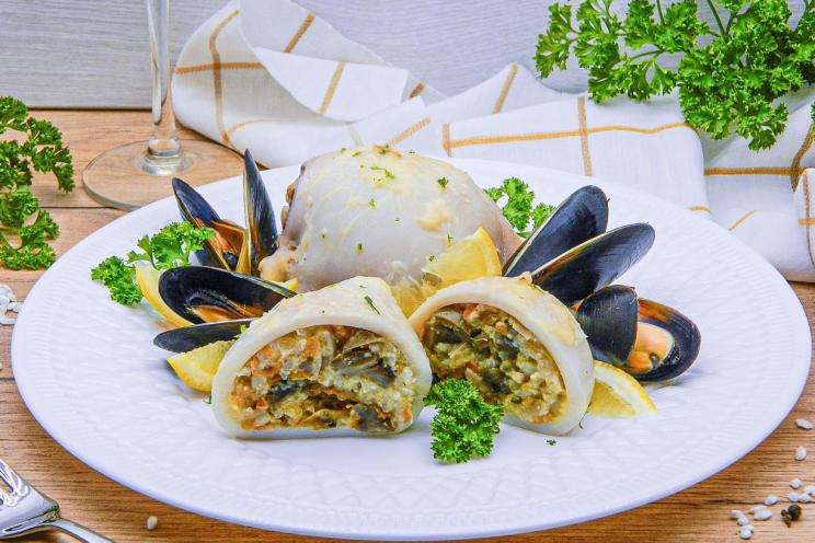 Baked Stuffed Squid with Mushrooms, Rice, and Cheese